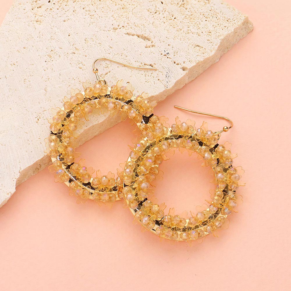 Madeline Love Gold, Lt Col Topaz Flower Sequin Faceted Beaded Open O Ring Dangle Earrings