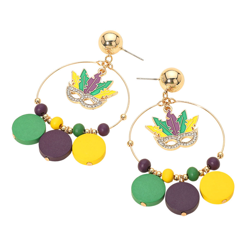 Multi Jester Mask Charm Accent Mardi Gras Hoop Dangle Earrings