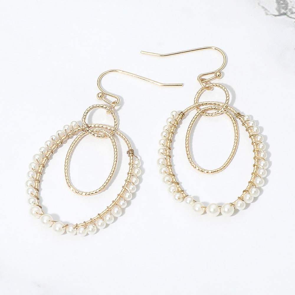 Madeline Love Cream, Gold Pearl Beaded Rim Geometric Oval Link Drop Earrings