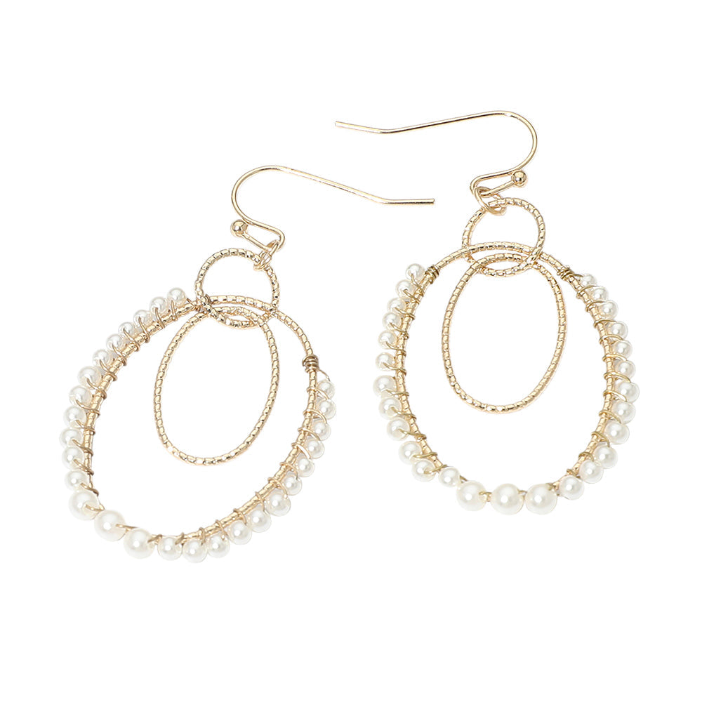 Madeline Love Cream, Gold Pearl Beaded Rim Geometric Oval Link Drop Earrings - desc