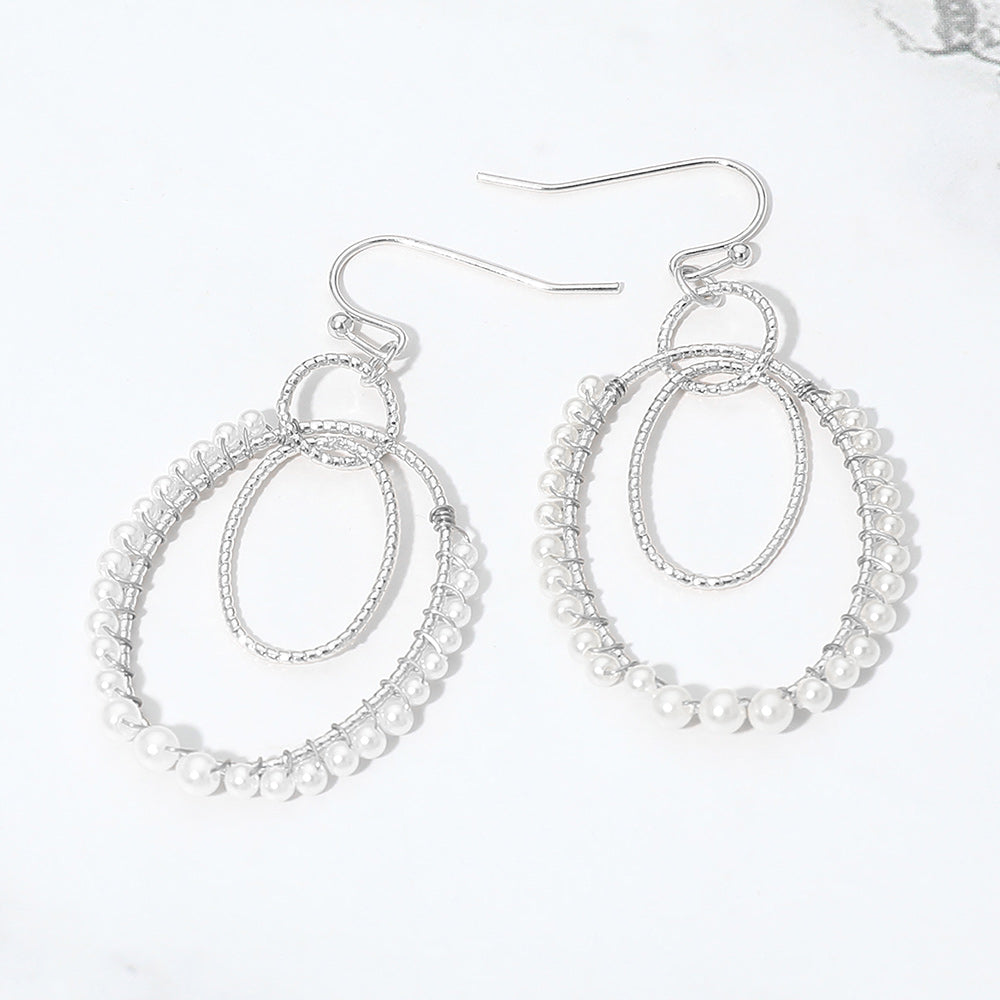 Madeline Love Cream, Rhodium Pearl Beaded Rim Geometric Oval Link Drop Earrings
