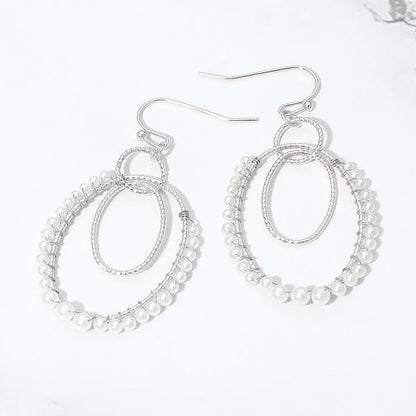 Madeline Love Cream, Rhodium Pearl Beaded Rim Geometric Oval Link Drop Earrings