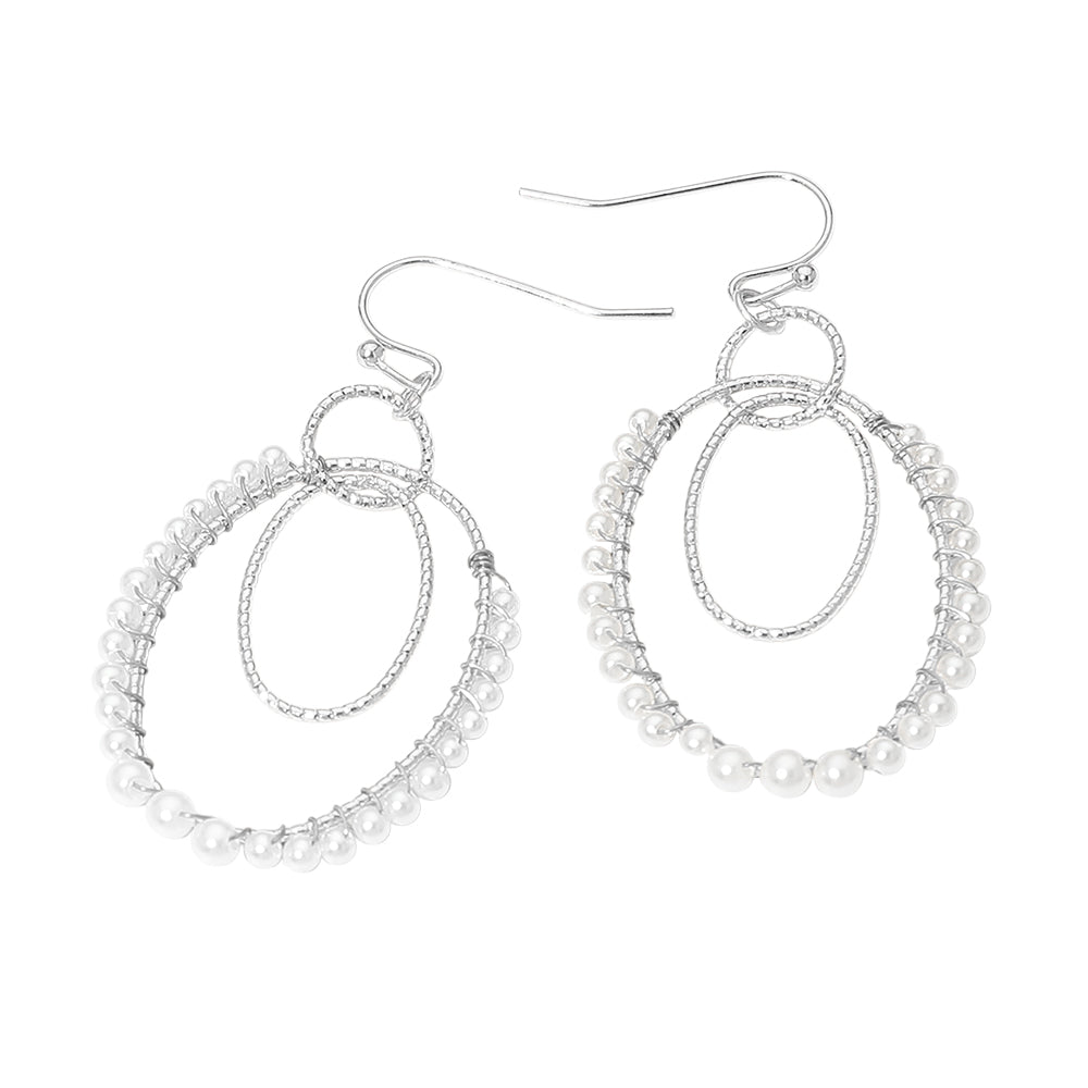 Madeline Love Cream, Rhodium Pearl Beaded Rim Geometric Oval Link Drop Earrings - desc
