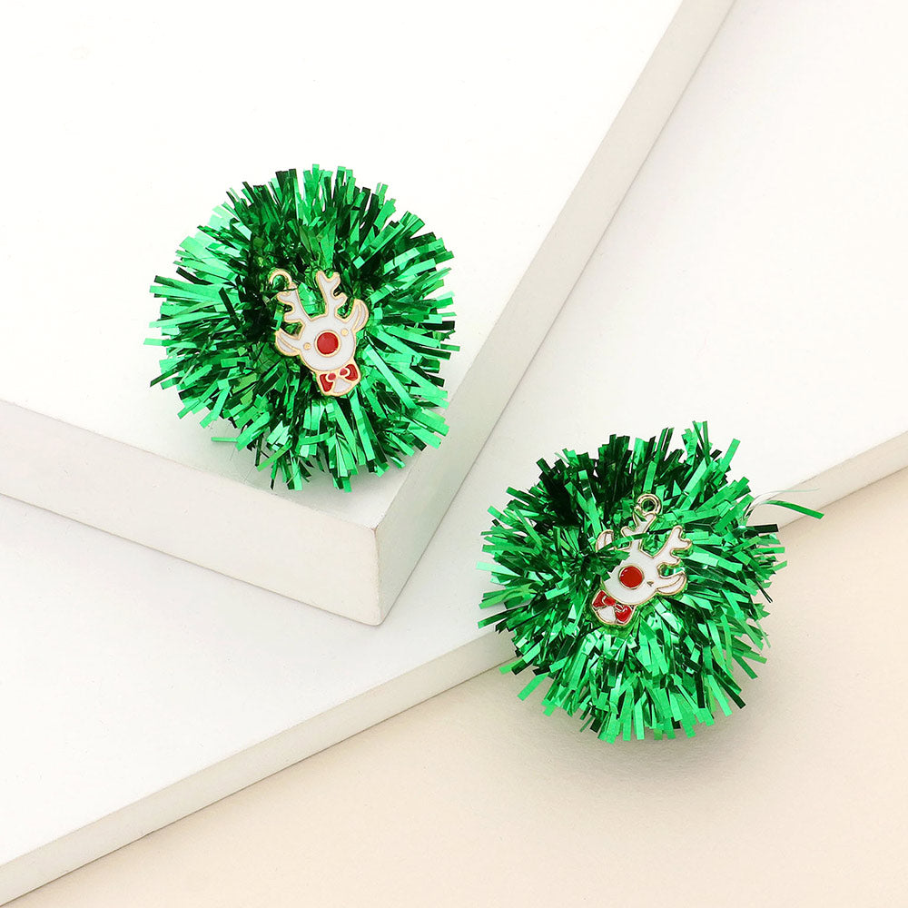 Madeline Love Green Enamel Rudolph Tinsel Pom Earrings