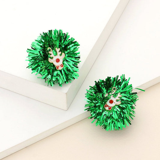Madeline Love Green Enamel Rudolph Tinsel Pom Earrings