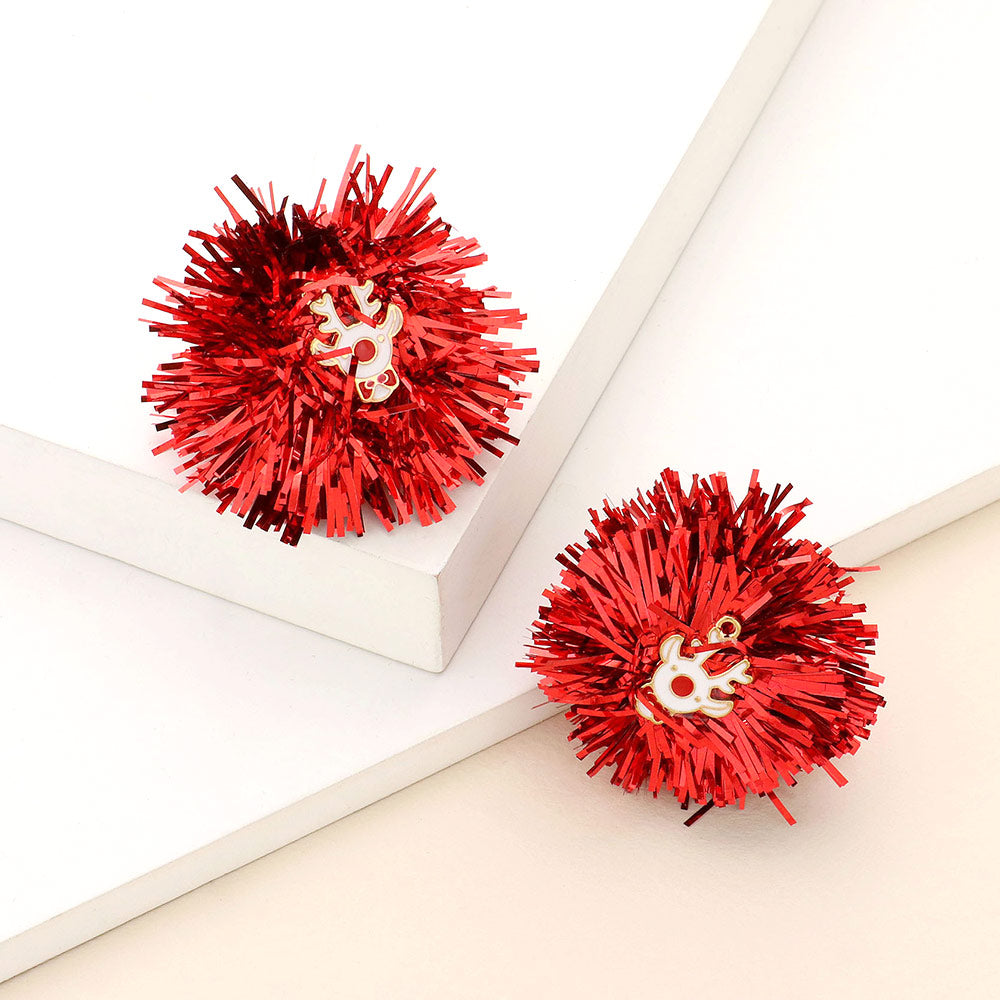 Madeline Love Red Enamel Rudolph Tinsel Pom Earrings