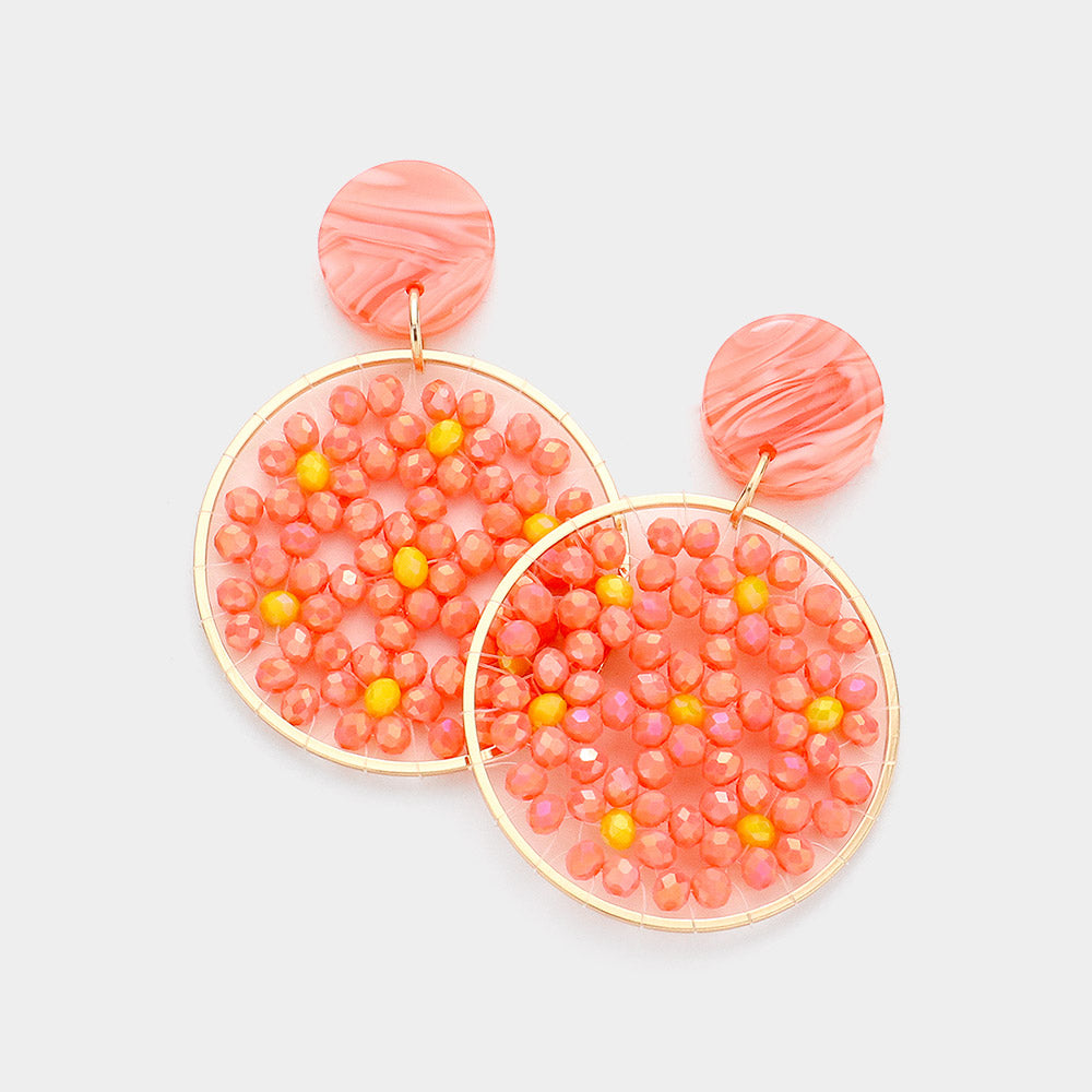 Madeline Love Coral Celluloid Acetate Faceted Bead Round Link Dangle Earrings