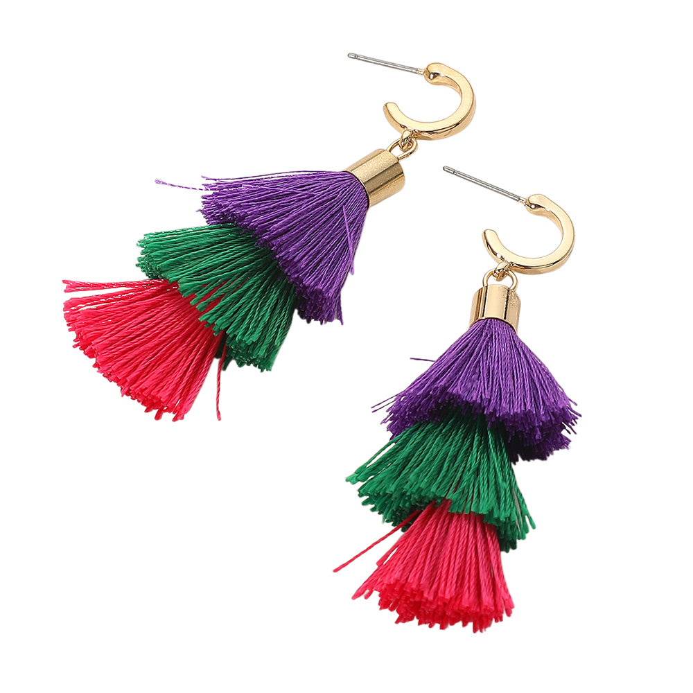 Madeline Love Fuchsia, Gold, Green, Purple Multi Color Tassel Drop Earrings - desc