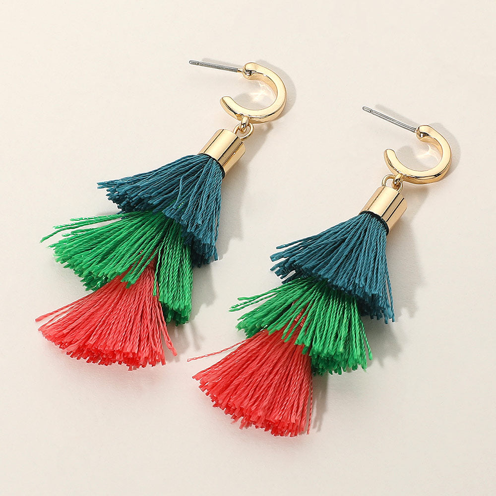 Madeline Love Gold, Green, Red Multi Color Tassel Drop Earrings