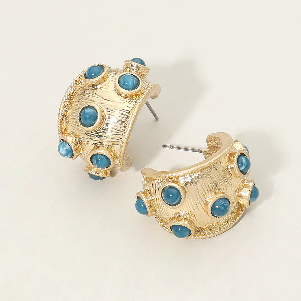 Madeline Love Blue, Worn Gold Round Stone Embellished Textured Wide Hoop Earrings