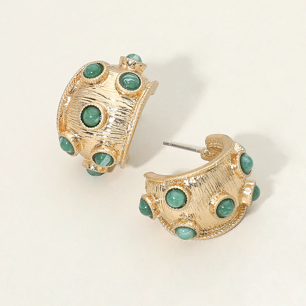 Madeline Love Green, Worn Gold Round Stone Embellished Textured Wide Hoop Earrings