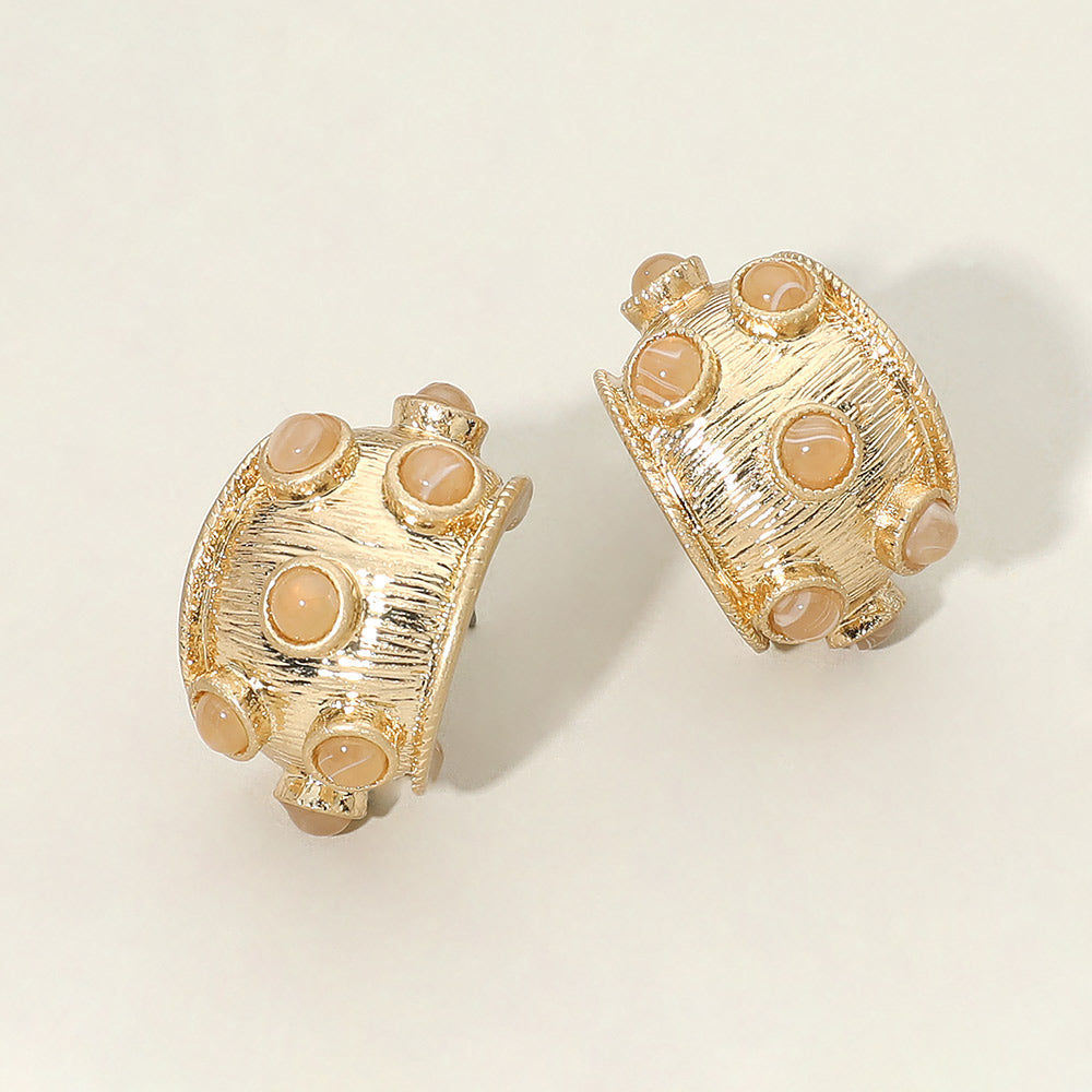 Madeline Love Lt Col Topaz, Worn Gold Round Stone Embellished Textured Wide Hoop Earrings