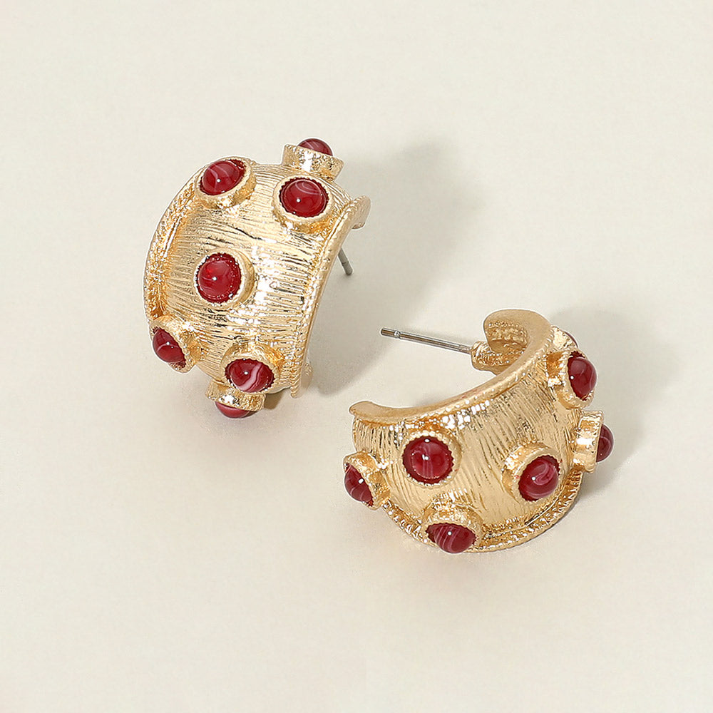 Madeline Love Red, Worn Gold Round Stone Embellished Textured Wide Hoop Earrings