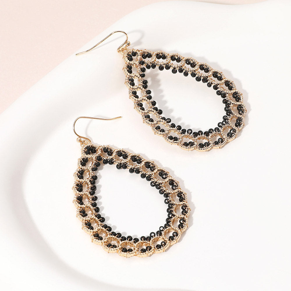 Madeline Love Black, Gold Seed Beaded Wrapped Open Teardrop Dangle Earrings