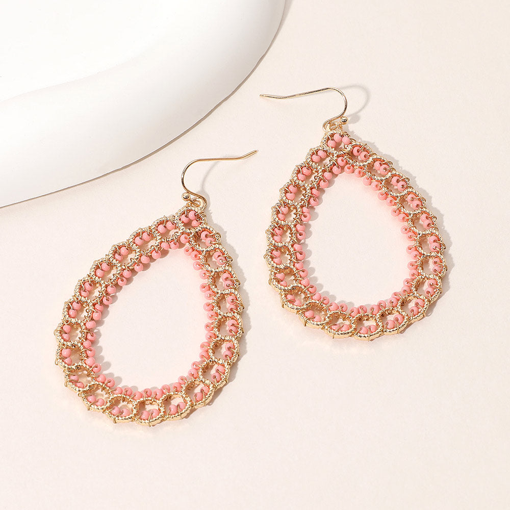 Madeline Love Gold, Pink Seed Beaded Wrapped Open Teardrop Dangle Earrings