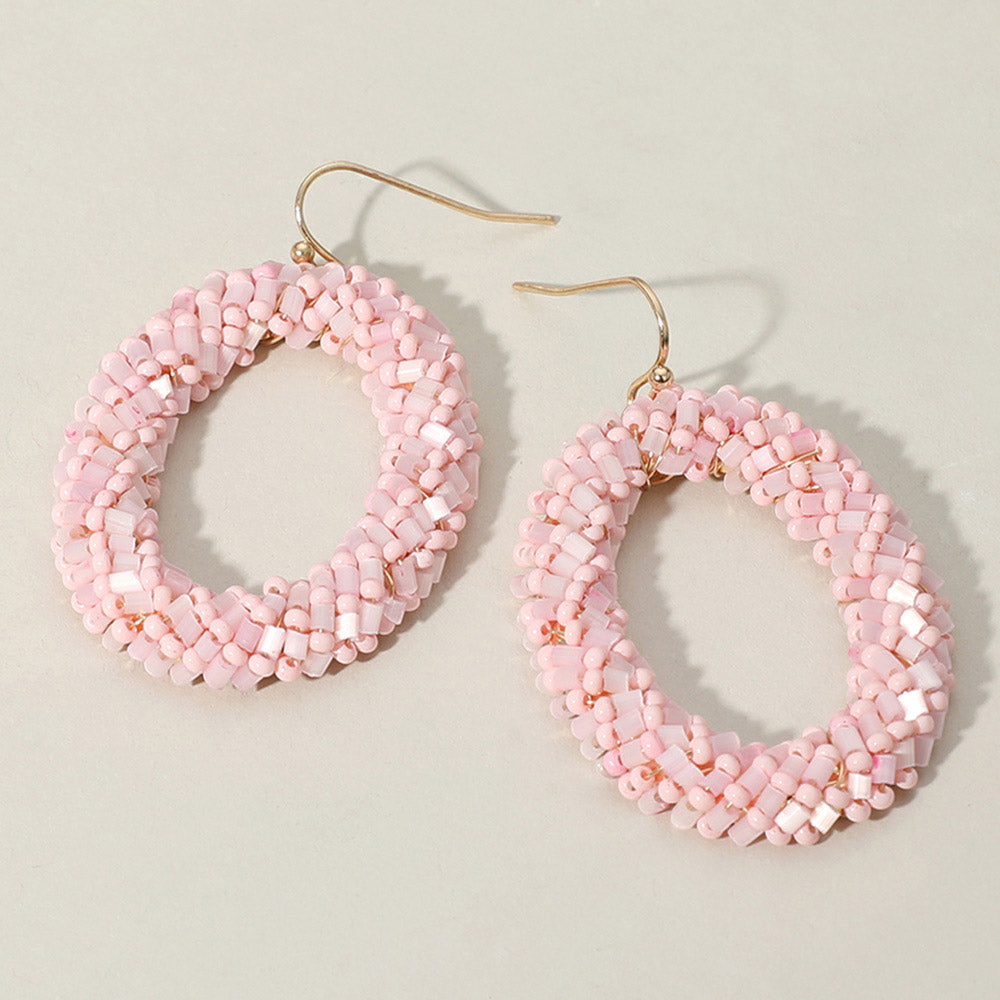 Madeline Love Gold, Pink Seed Beaded Oval Ring Dangle Earrings