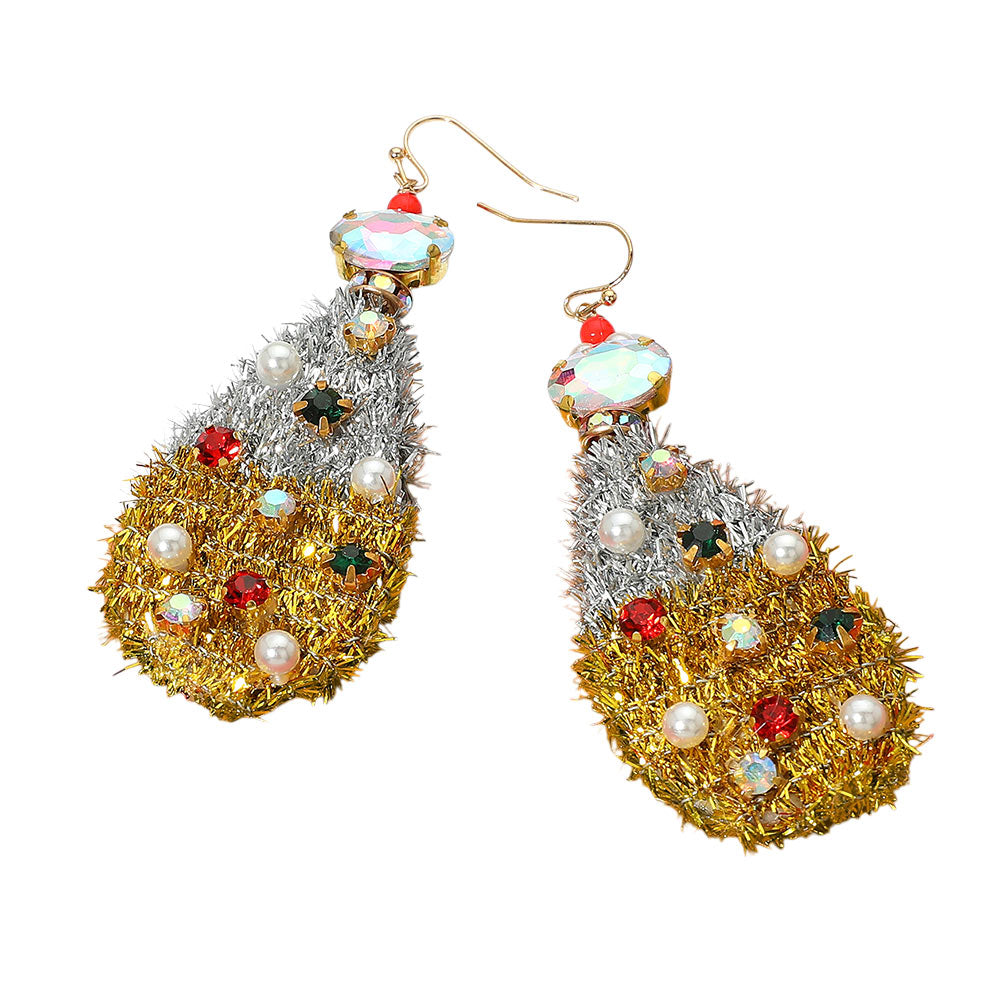 Gold Silver, Stone Cluster Pearl Embellished Christmas Tinsel Teardrop Dangle Earrings
