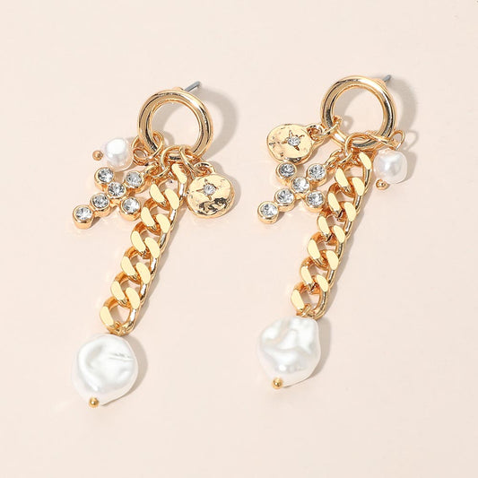 Madeline Love Gold Pearl Cross Charm Chain Drop Earrings