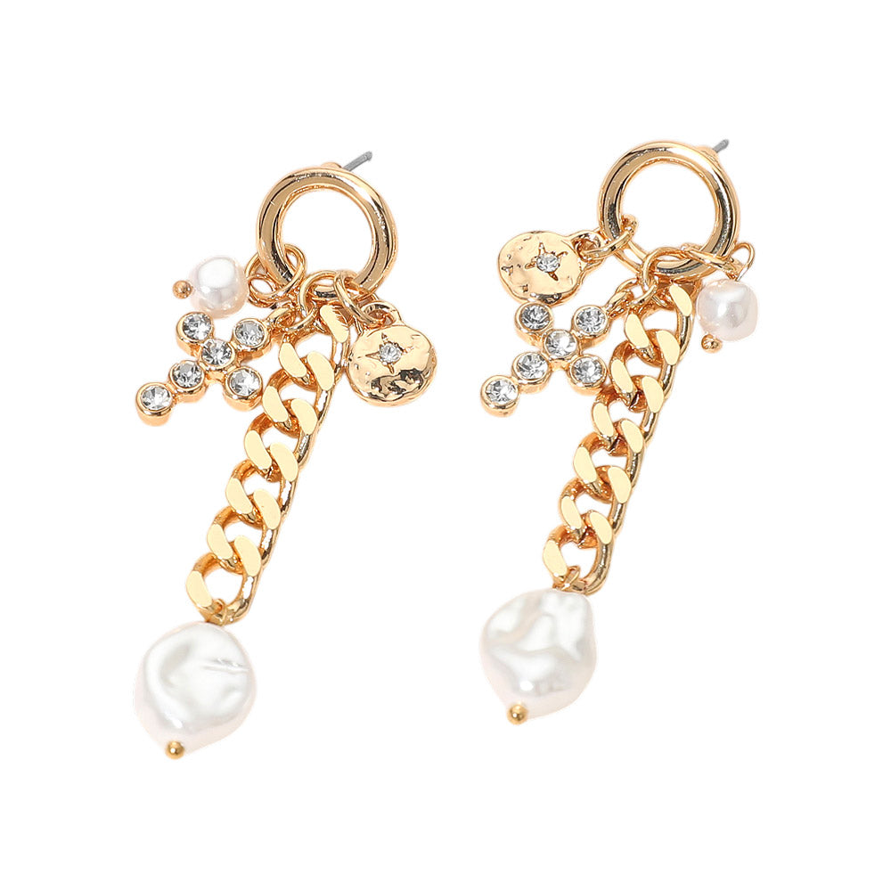 Madeline Love Gold Pearl Cross Charm Chain Drop Earrings - desc