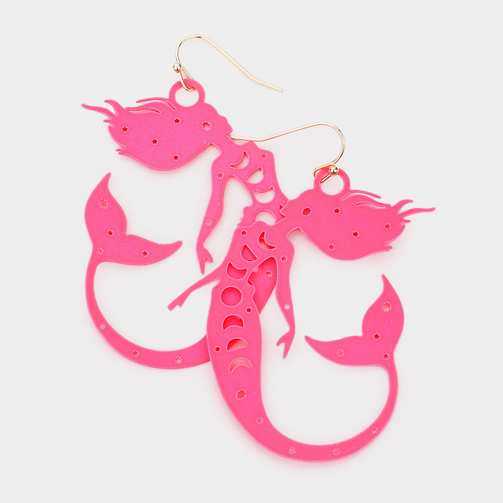 Madeline Love Neon, Pink Brass Metal Cutout Mermaid Dangle Earrings