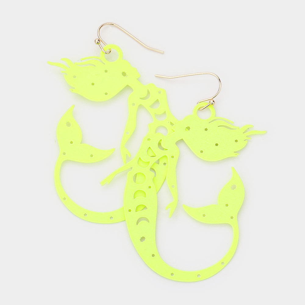 Madeline Love Neon, Yellow Brass Metal Cutout Mermaid Dangle Earrings