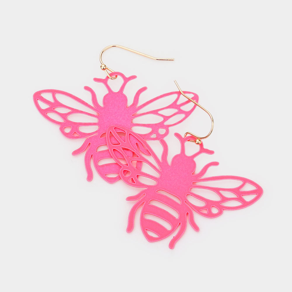 Madeline Love Neon, Pink Brass Metal Cutout Honey Bee Dangle Earrings