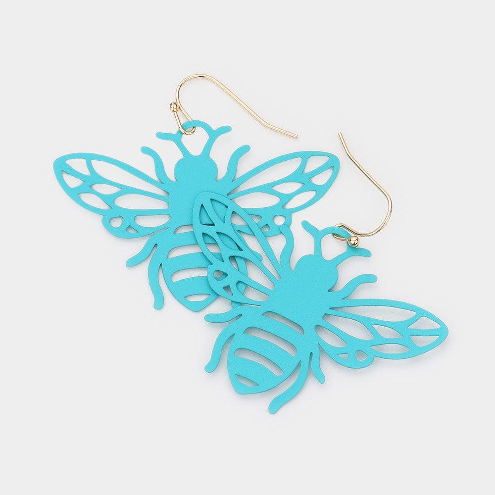 Madeline Love Turquoise Brass Metal Cutout Honey Bee Dangle Earrings