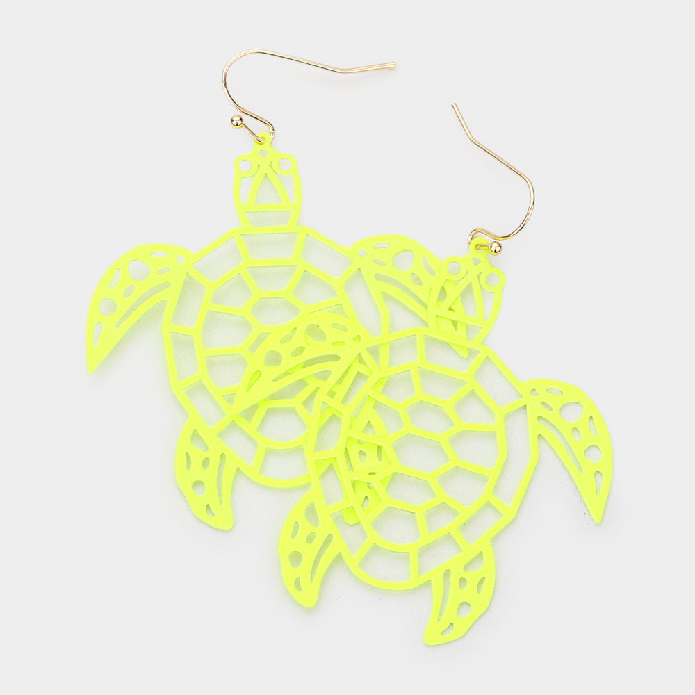 Madeline Love Neon, Yellow Brass Metal Cutout Turtle Dangle Earrings