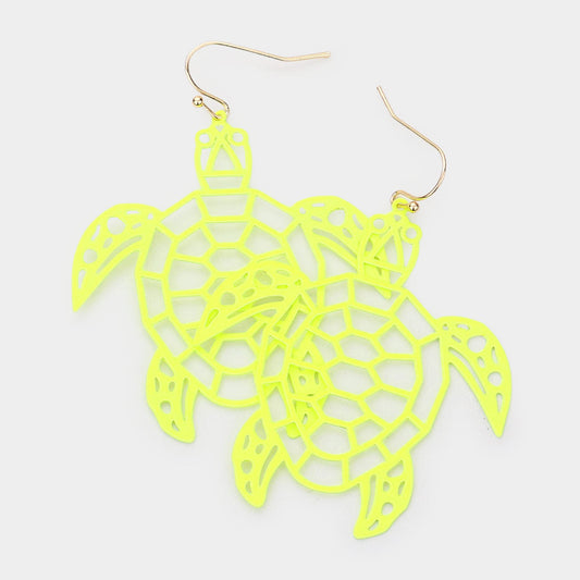 Madeline Love Neon, Yellow Brass Metal Cutout Turtle Dangle Earrings