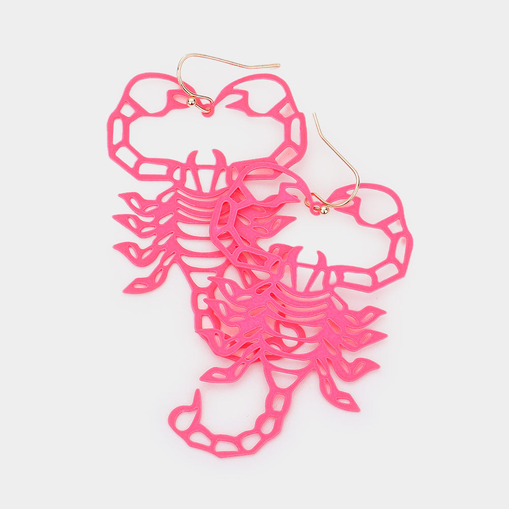 Madeline Love Neon, Pink Brass Metal Cutout Scorpion Dangle Earrings