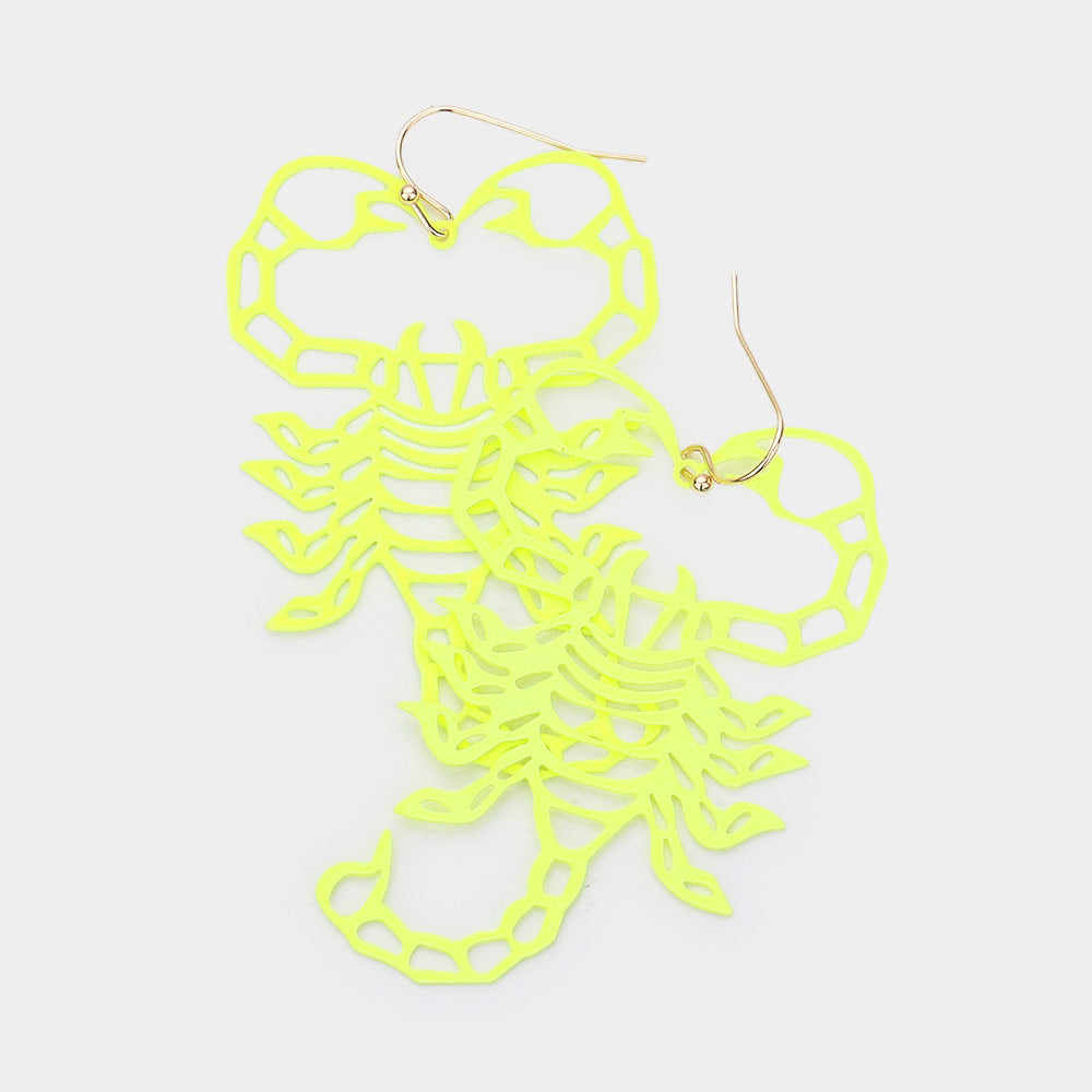 Madeline Love Neon, Yellow Brass Metal Cutout Scorpion Dangle Earrings