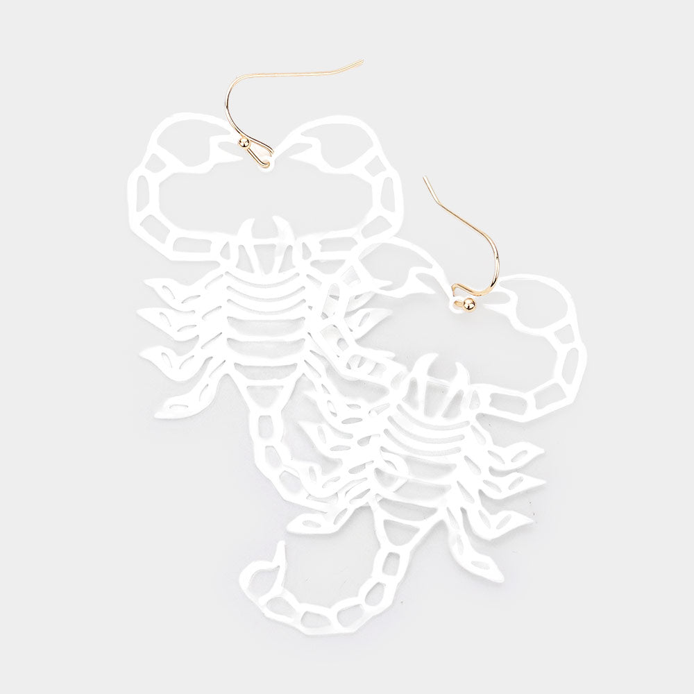 Madeline Love White Brass Metal Cutout Scorpion Dangle Earrings