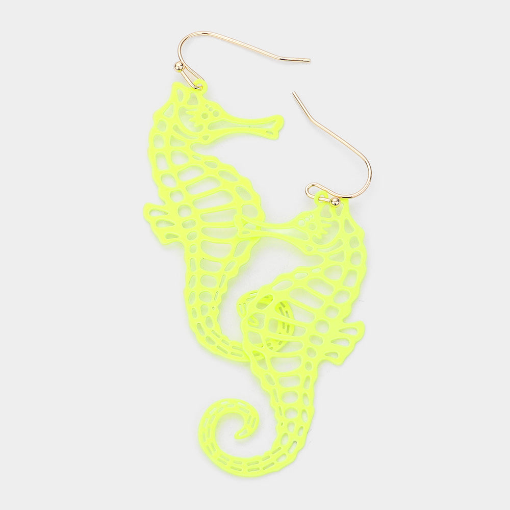 Madeline Love Neon, Yellow Brass Metal Cutout Seahorse Dangle Earrings