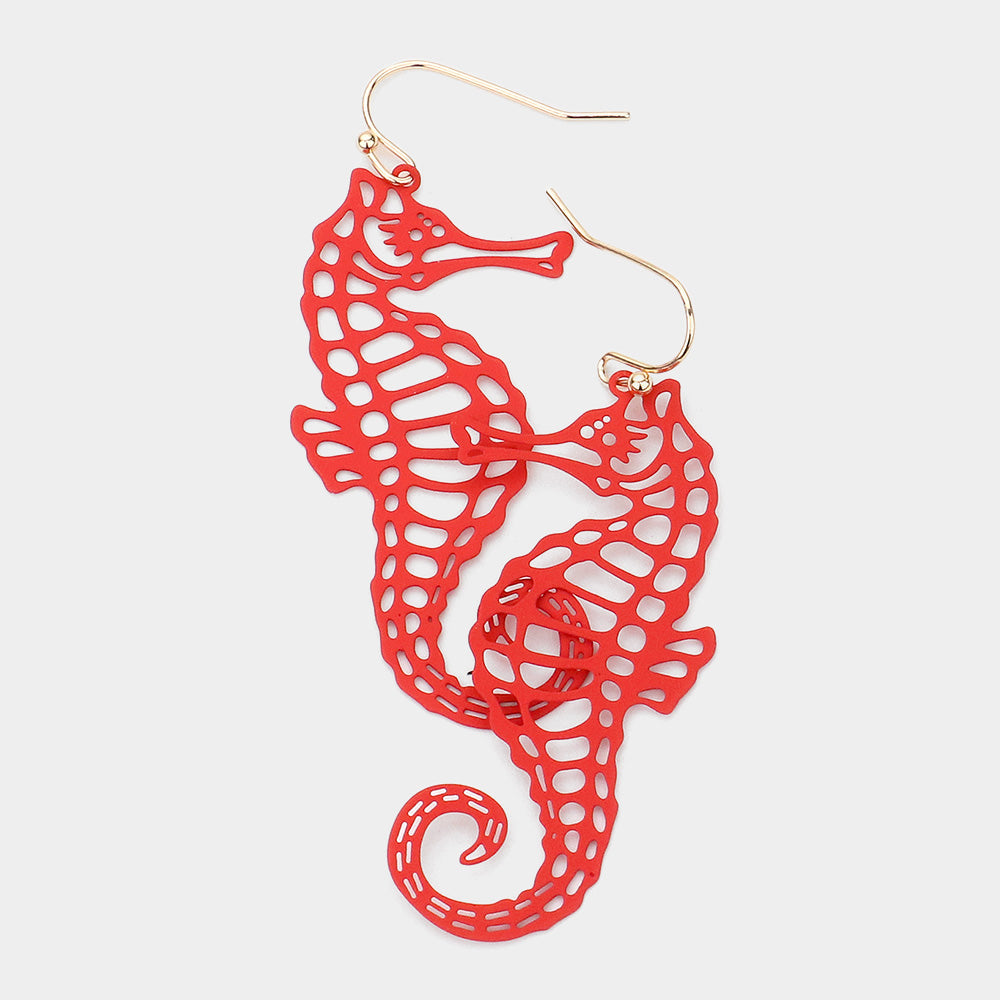 Madeline Love Red Brass Metal Cutout Seahorse Dangle Earrings