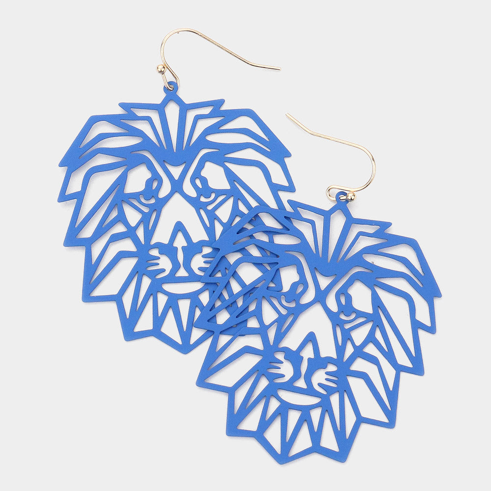 Madeline Love Blue Brass Metal Cutout Lion Dangle Earrings