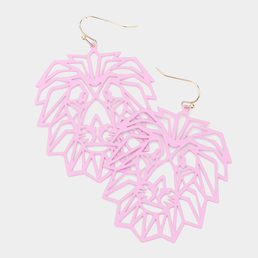 Madeline Love Pink Brass Metal Cutout Lion Dangle Earrings