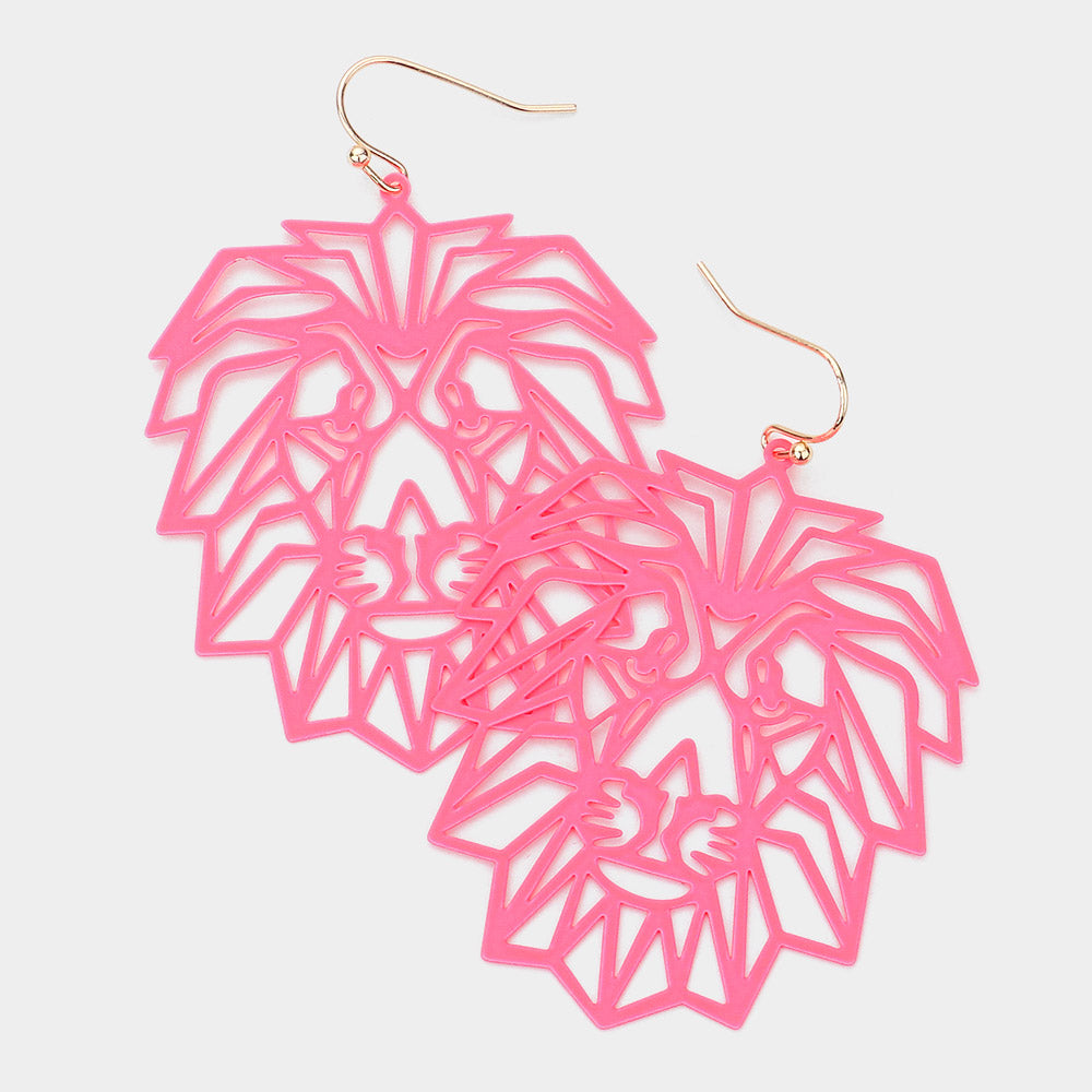 Madeline Love Neon, Pink Brass Metal Cutout Lion Dangle Earrings