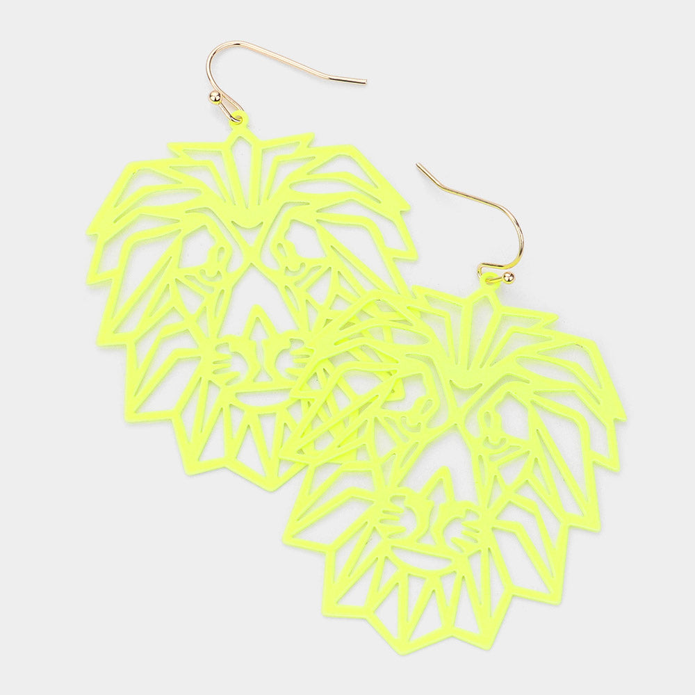Madeline Love Neon, Yellow Brass Metal Cutout Lion Dangle Earrings