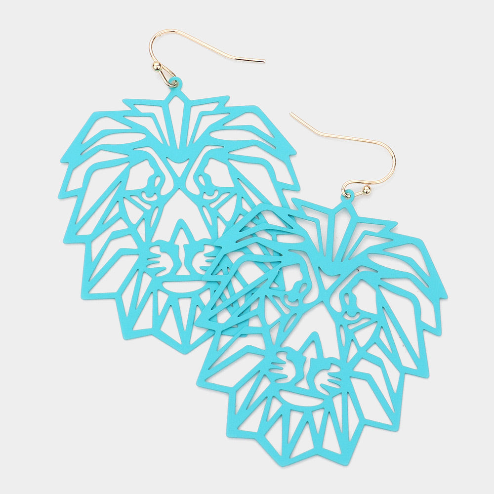 Madeline Love Turquoise Brass Metal Cutout Lion Dangle Earrings