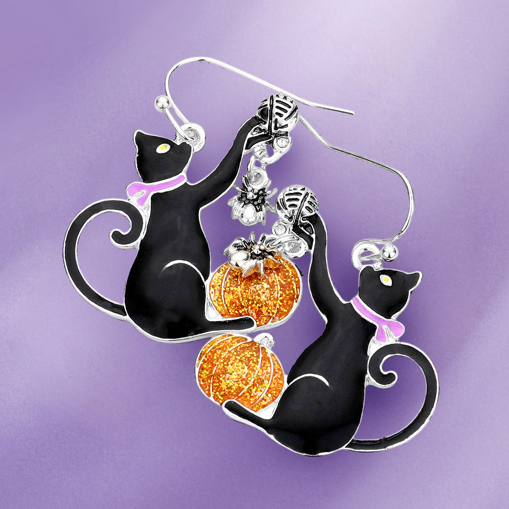 Multi, Silver Enamel Halloween Cat Dangle Earrings