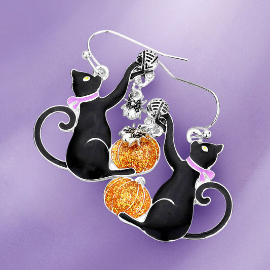 Multi, Silver Enamel Halloween Cat Dangle Earrings