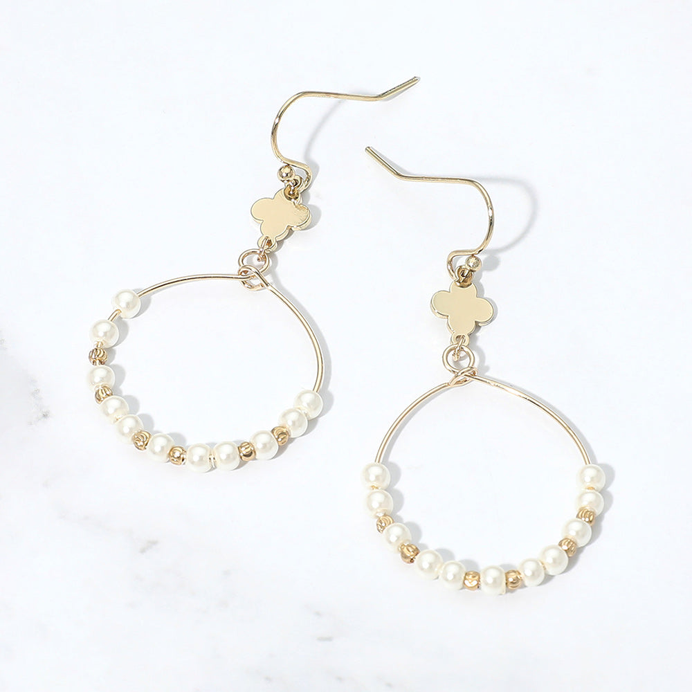 Madeline Love Cream, Gold Quatrefoil Accent Pearl Beaded Hoop Link Drop Earrings
