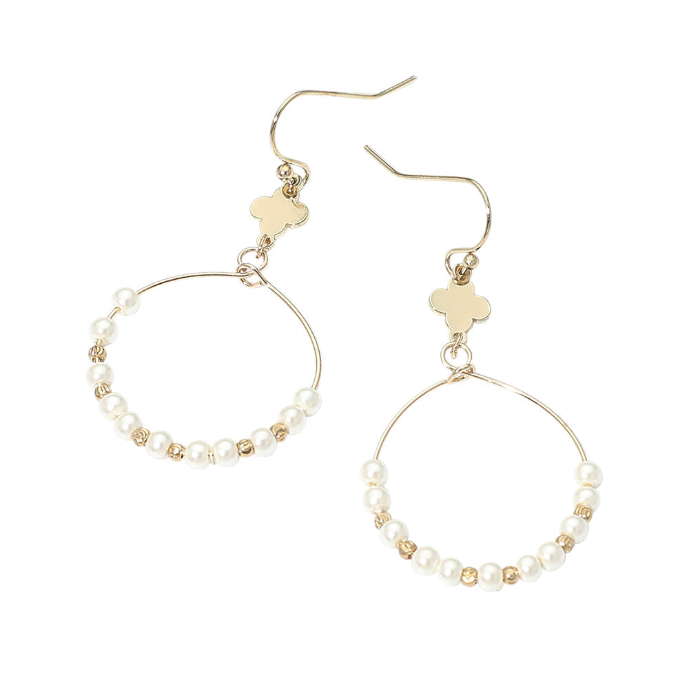 Madeline Love Cream, Gold Quatrefoil Accent Pearl Beaded Hoop Link Drop Earrings - desc