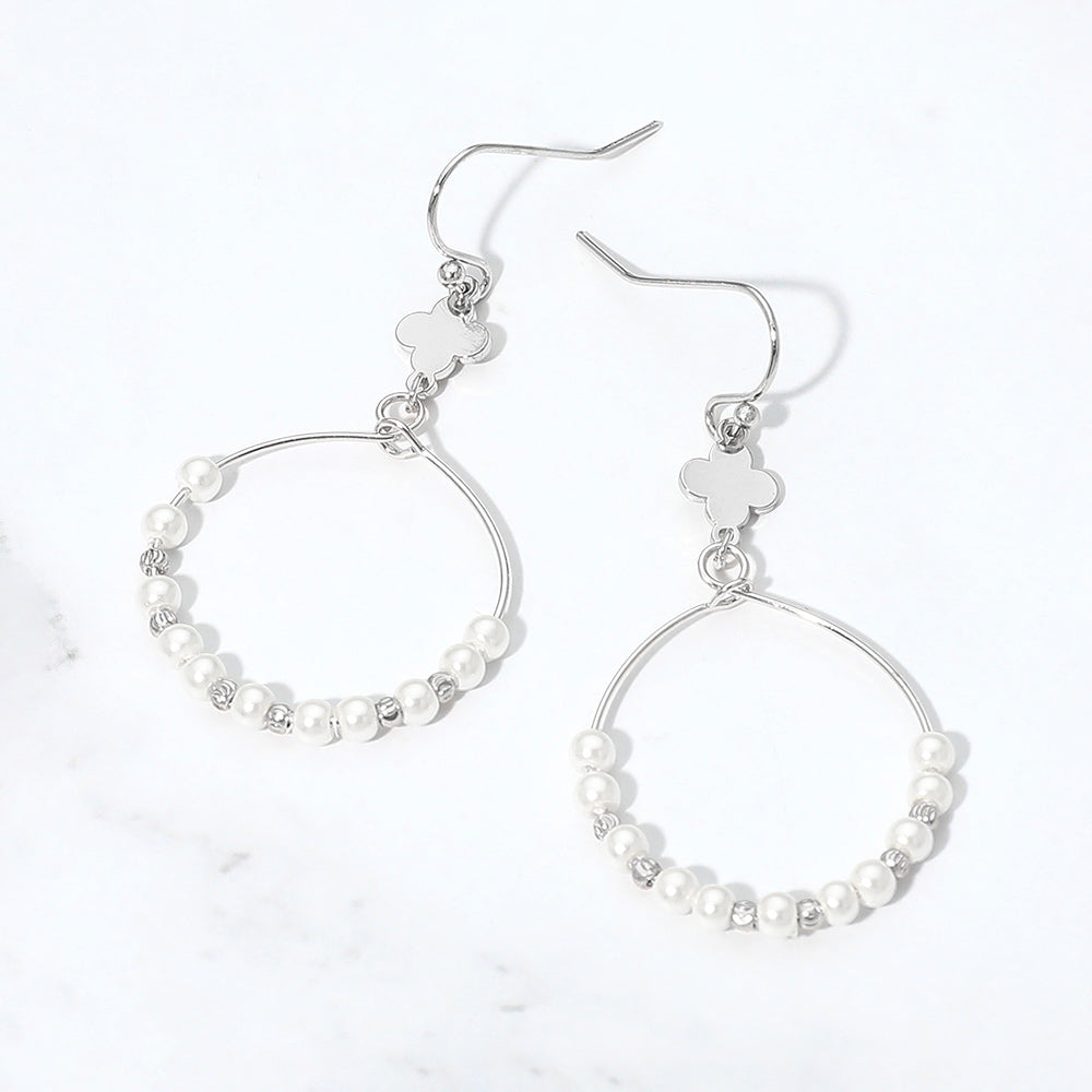 Madeline Love Cream, Rhodium Quatrefoil Accent Pearl Beaded Hoop Link Drop Earrings