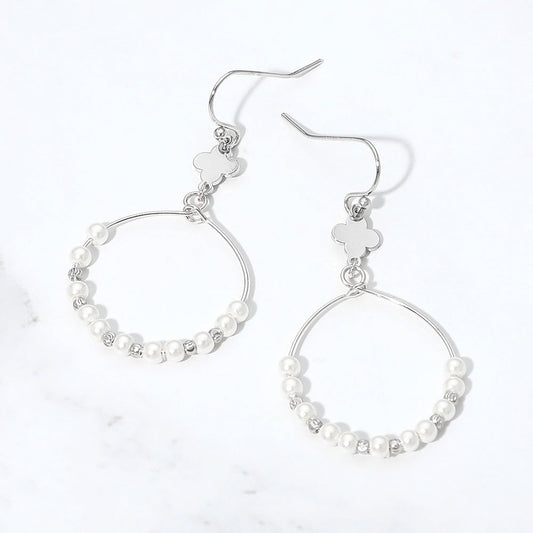Madeline Love Cream, Rhodium Quatrefoil Accent Pearl Beaded Hoop Link Drop Earrings