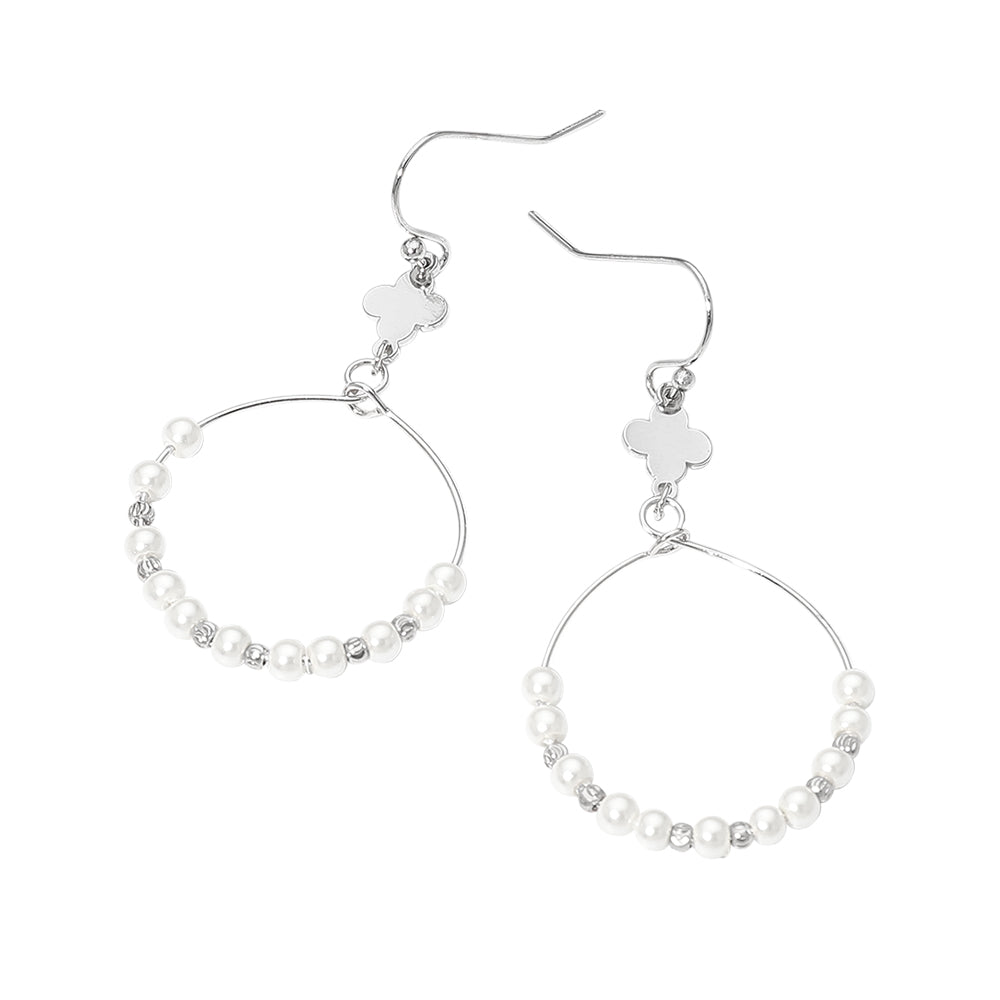 Madeline Love Cream, Rhodium Quatrefoil Accent Pearl Beaded Hoop Link Drop Earrings - desc