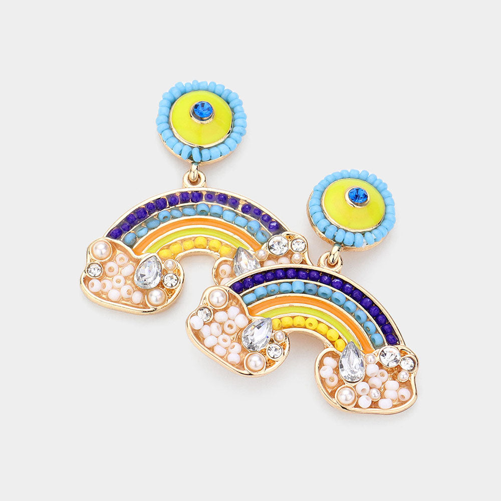 Madeline Love Blue, Gold Pearl Seed Bead Embellished Rainbow Dangle Earrings