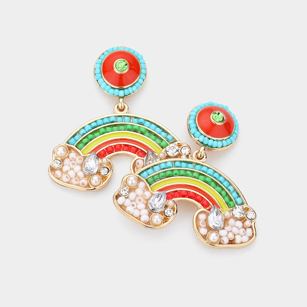 Madeline Love Gold, Multi Pearl Seed Bead Embellished Rainbow Dangle Earrings