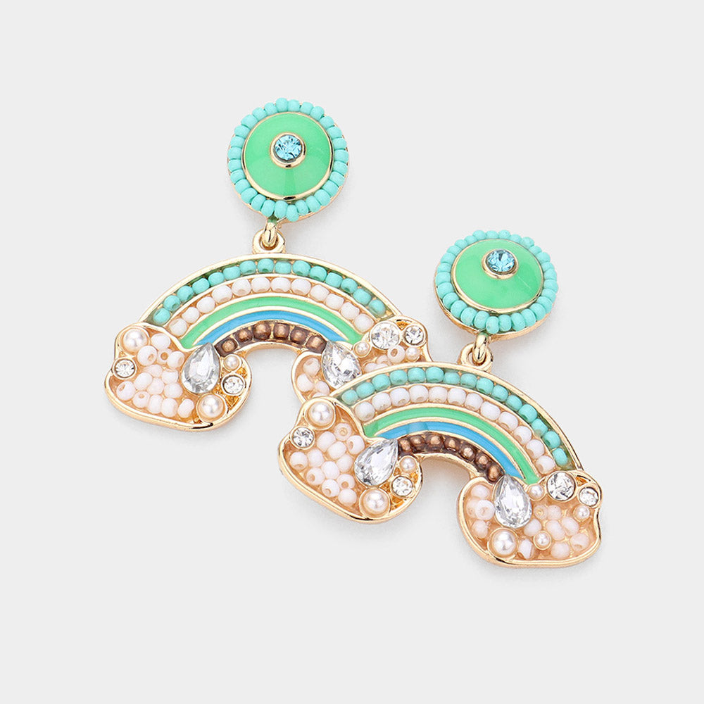 Madeline Love Gold, Turquoise Pearl Seed Bead Embellished Rainbow Dangle Earrings