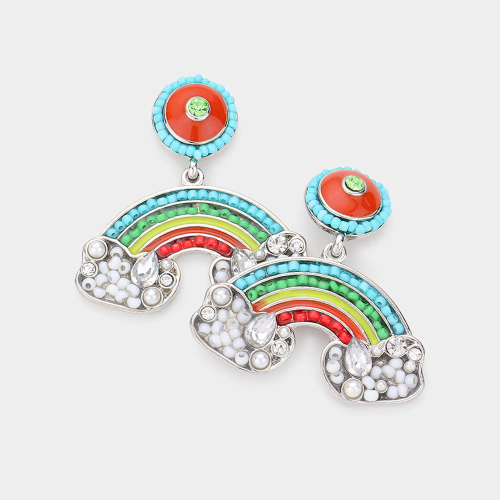 Madeline Love Multi, Rhodium Pearl Seed Bead Embellished Rainbow Dangle Earrings
